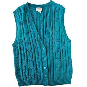 Vintage '80s Beldoch Popper Chunky Cable Knit Teal Grandpa Sweater Vest M/10